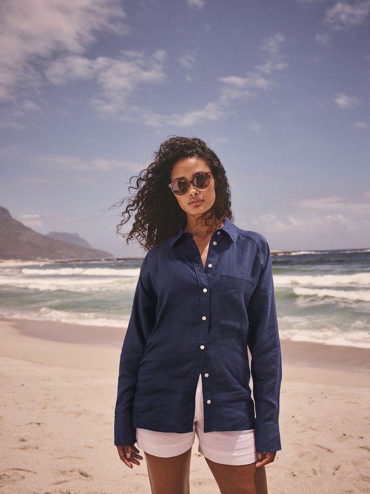 Navy Blue 100% Linen Button Down Relaxed Long Sleeve Shirt - Image 1 of 8