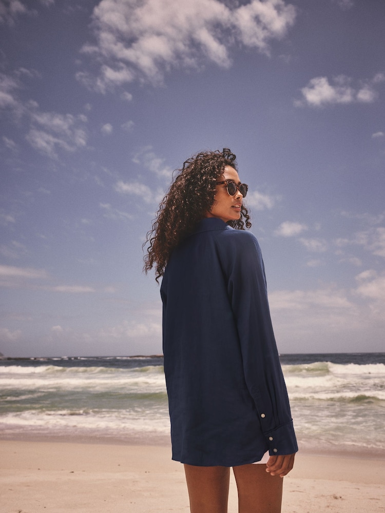 Navy Blue 100% Linen Button Down Relaxed Long Sleeve Shirt - Image 2 of 8