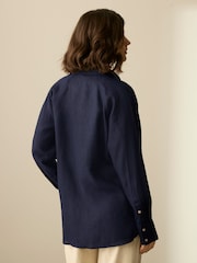 Navy Blue 100% Linen Button Down Relaxed Long Sleeve Shirt - Image 3 of 8
