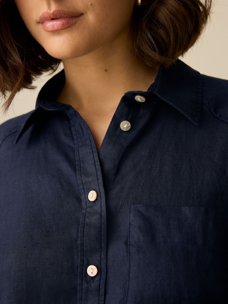 Navy Blue 100% Linen Button Down Relaxed Long Sleeve Shirt - Image 4 of 8