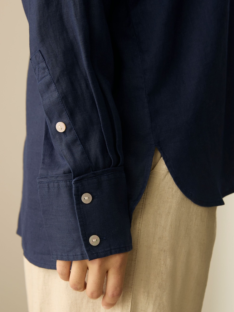 Navy Blue 100% Linen Button Down Relaxed Long Sleeve Shirt - Image 5 of 8