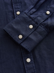 Navy Blue 100% Linen Button Down Relaxed Long Sleeve Shirt - Image 8 of 8