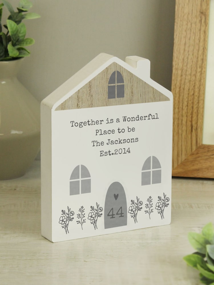 Personalised Grey Wooden House Ornament by PMC - Image 1 of 3