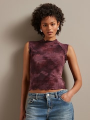 Rose Pink Lettuce Hem Short Sleeve Marbled Floral Print Top - Image 1 of 6