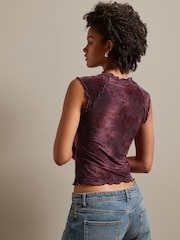 Rose Pink Lettuce Hem Short Sleeve Marbled Floral Print Top - Image 2 of 6