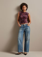 Rose Pink Lettuce Hem Short Sleeve Marbled Floral Print Top - Image 3 of 6