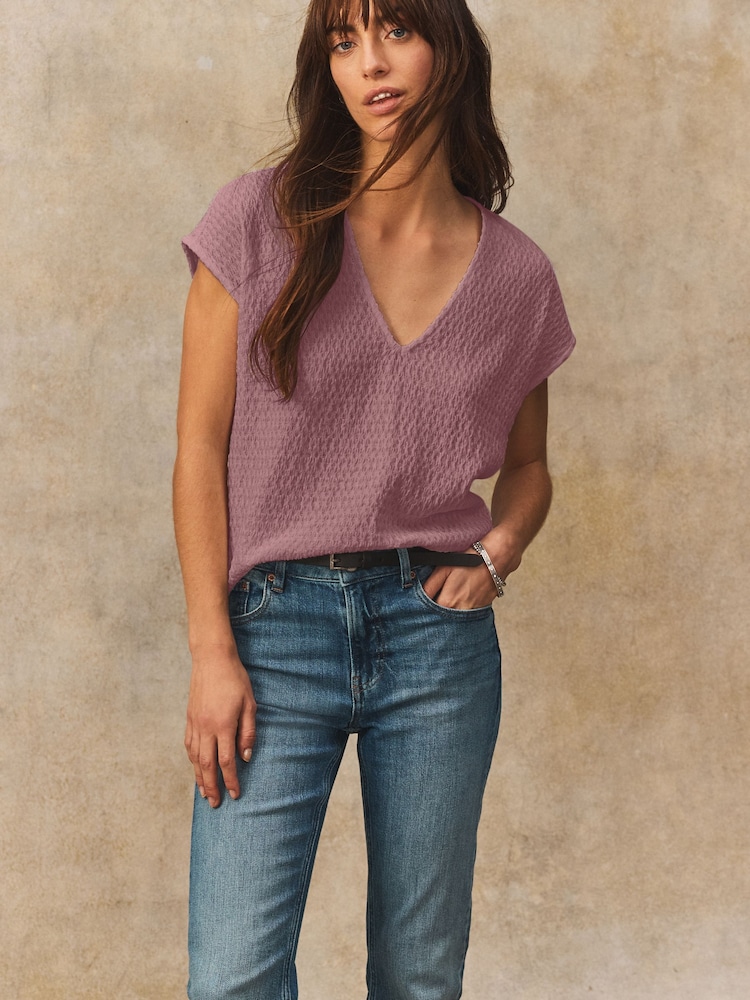 Pink Textured Short Sleeve V-Neck T-Shirt - Image 1 of 5