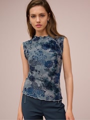 Blue Lettuce Hem Short Sleeve Marbled Floral Print Top - Image 1 of 4