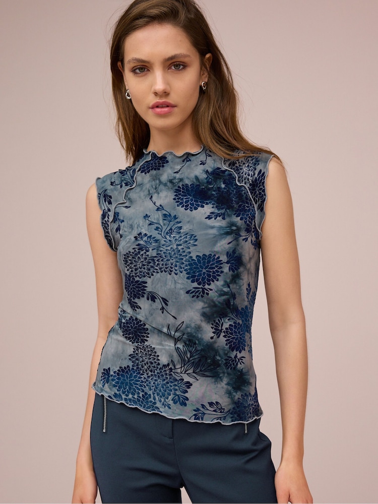 Blue Lettuce Hem Short Sleeve Marbled Floral Print Top - Image 1 of 4