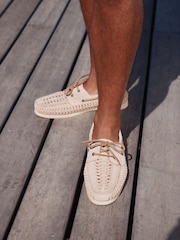 Light Stone Leather Woven Boat Shoes - Image 1 of 7