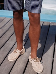 Light Stone Leather Woven Boat Shoes - Image 2 of 7