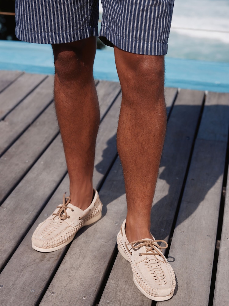 Light Stone Leather Woven Boat Shoes - Image 2 of 7