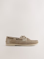 Light Stone Leather Woven Boat Shoes - Image 3 of 7