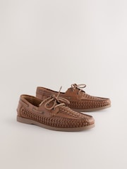 Tan Brown Leather Woven Boat Shoes - Image 1 of 5