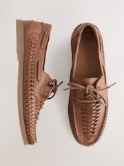 Tan Brown Leather Woven Boat Shoes - Image 2 of 5