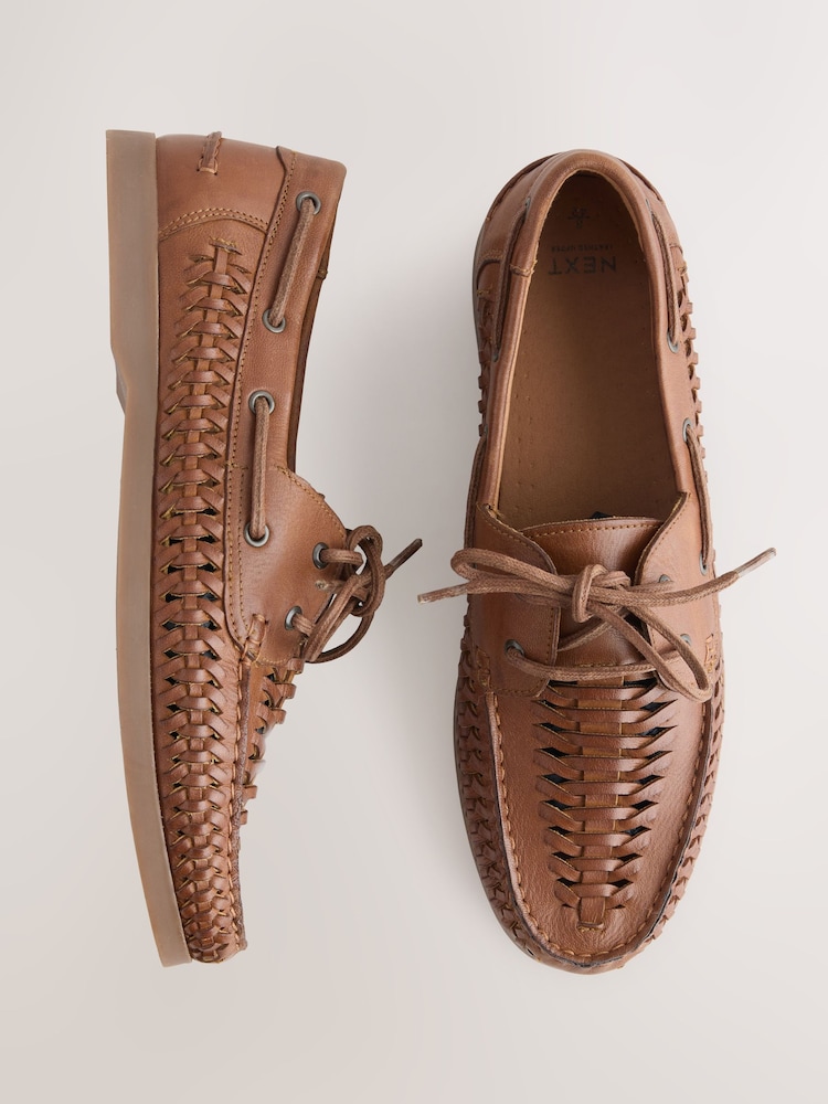 Tan Brown Leather Woven Boat Shoes - Image 2 of 5