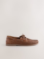 Tan Brown Leather Woven Boat Shoes - Image 3 of 5
