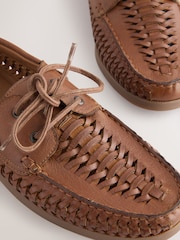 Tan Brown Leather Woven Boat Shoes - Image 4 of 5