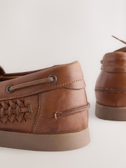 Tan Brown Leather Woven Boat Shoes - Image 5 of 5
