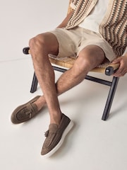 Mid Stone Leather Weave Cupsole Loafers - Image 1 of 8