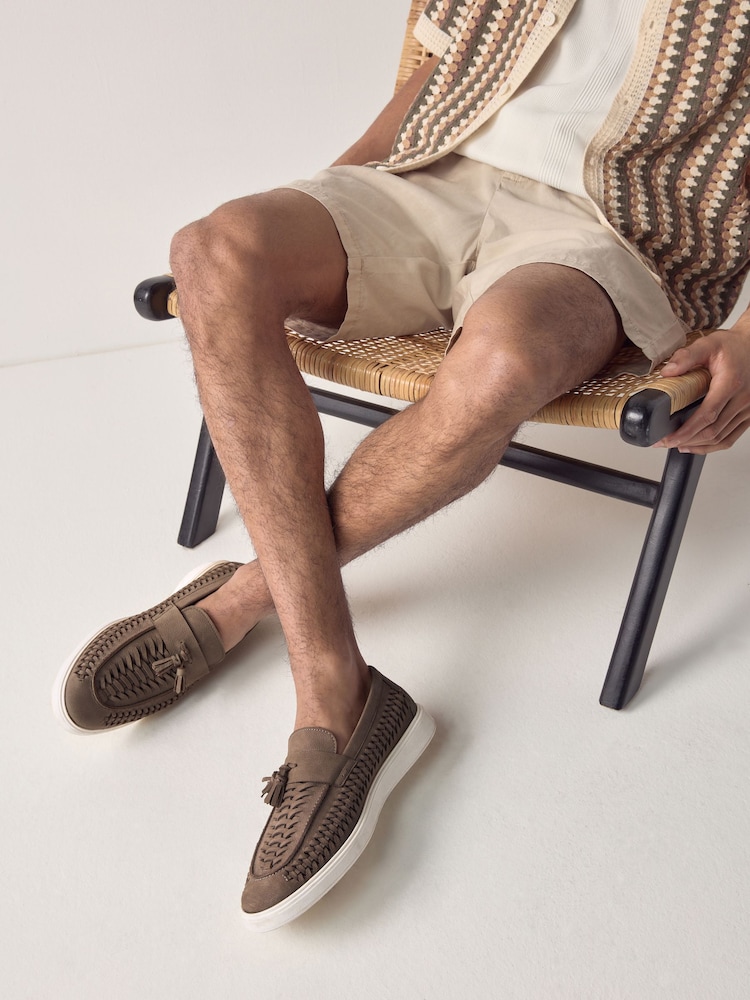 Mid Stone Leather Weave Cupsole Loafers - Image 1 of 8