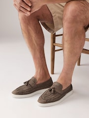 Mid Stone Leather Weave Cupsole Loafers - Image 2 of 8