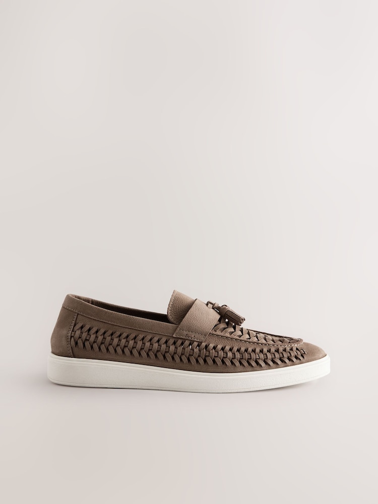 Mid Stone Leather Weave Cupsole Loafers - Image 3 of 8
