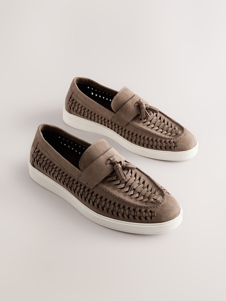 Mid Stone Leather Weave Cupsole Loafers - Image 4 of 8
