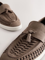 Mid Stone Leather Weave Cupsole Loafers - Image 5 of 8