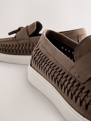 Mid Stone Leather Weave Cupsole Loafers - Image 6 of 8