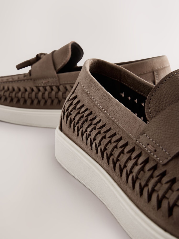 Mid Stone Leather Weave Cupsole Loafers - Image 6 of 8