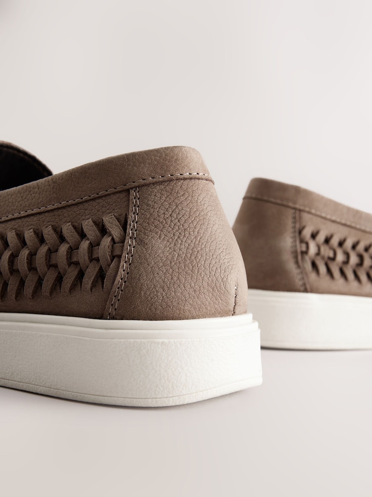 Mid Stone Leather Weave Cupsole Loafers - Image 7 of 8