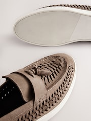 Mid Stone Leather Weave Cupsole Loafers - Image 8 of 8