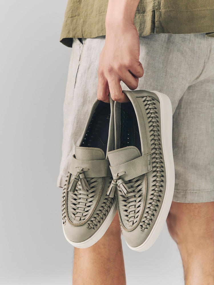 Sage Green Leather Weave Cupsole Loafers - Image 3 of 8