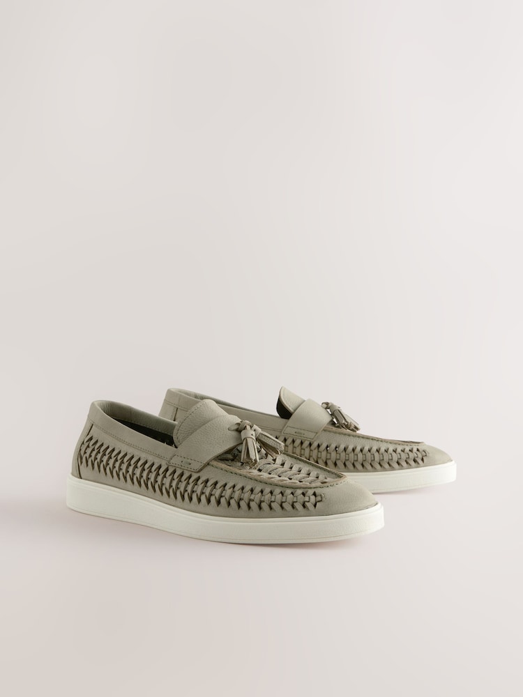 Sage Green Leather Weave Cupsole Loafers - Image 4 of 8
