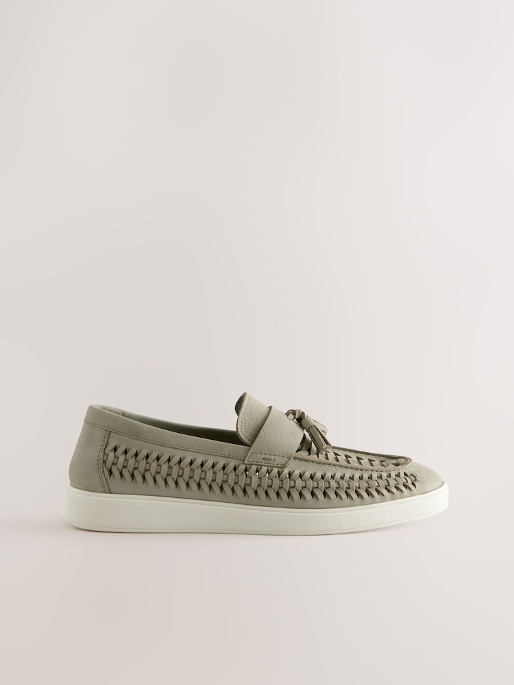Sage Green Leather Weave Cupsole Loafers - Image 5 of 8