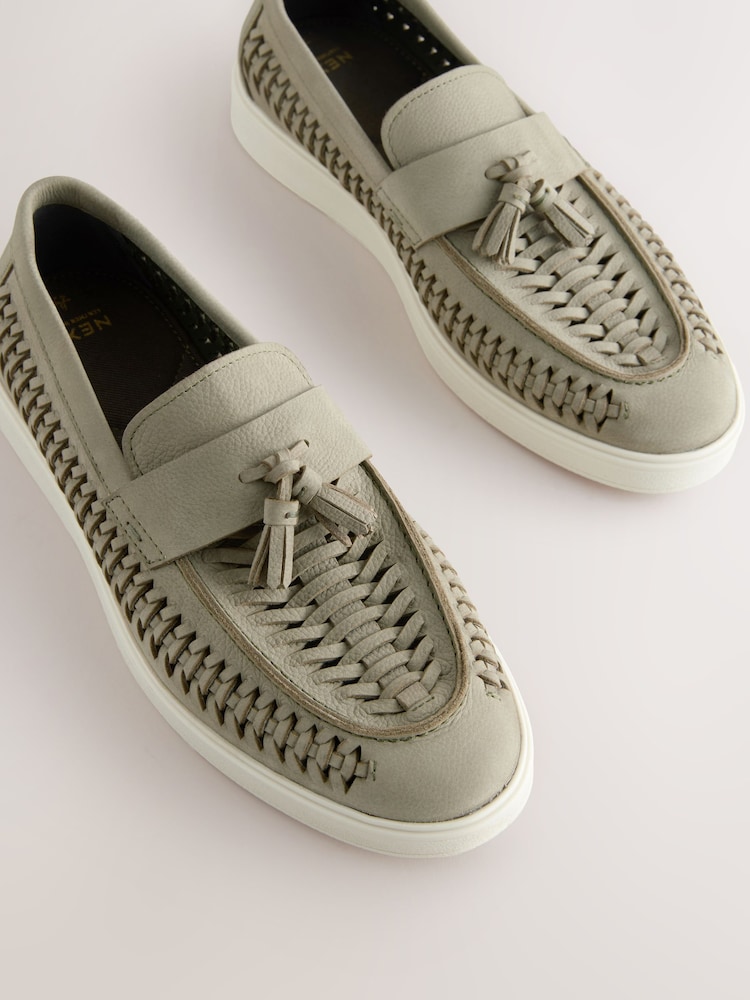 Sage Green Leather Weave Cupsole Loafers - Image 6 of 8