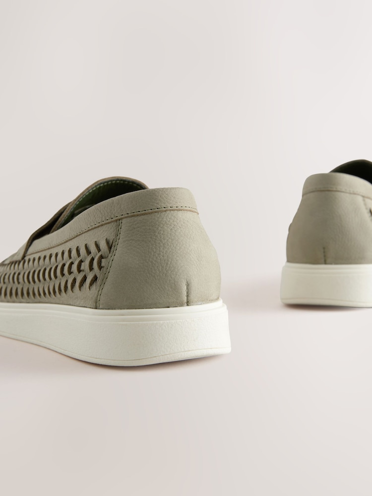 Sage Green Leather Weave Cupsole Loafers - Image 7 of 8