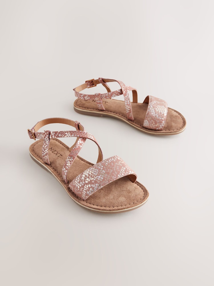 Pink Metallic Snake Print Leather Leather Strappy Buckle Fastening Sandals - Image 1 of 5