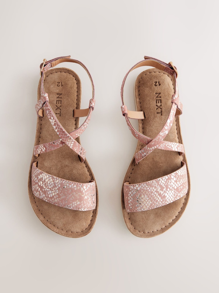 Pink Metallic Snake Print Leather Leather Strappy Buckle Fastening Sandals - Image 3 of 5