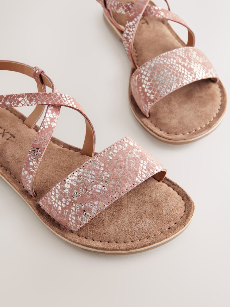 Pink Metallic Snake Print Leather Leather Strappy Buckle Fastening Sandals - Image 4 of 5