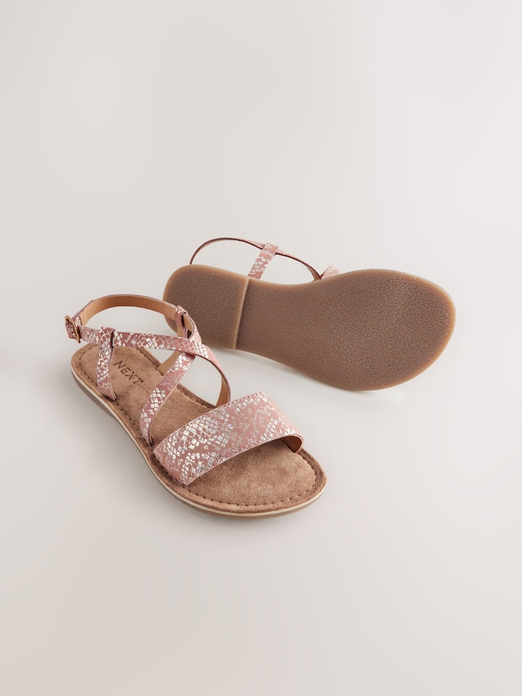 Pink Metallic Snake Print Leather Leather Strappy Buckle Fastening Sandals - Image 5 of 5