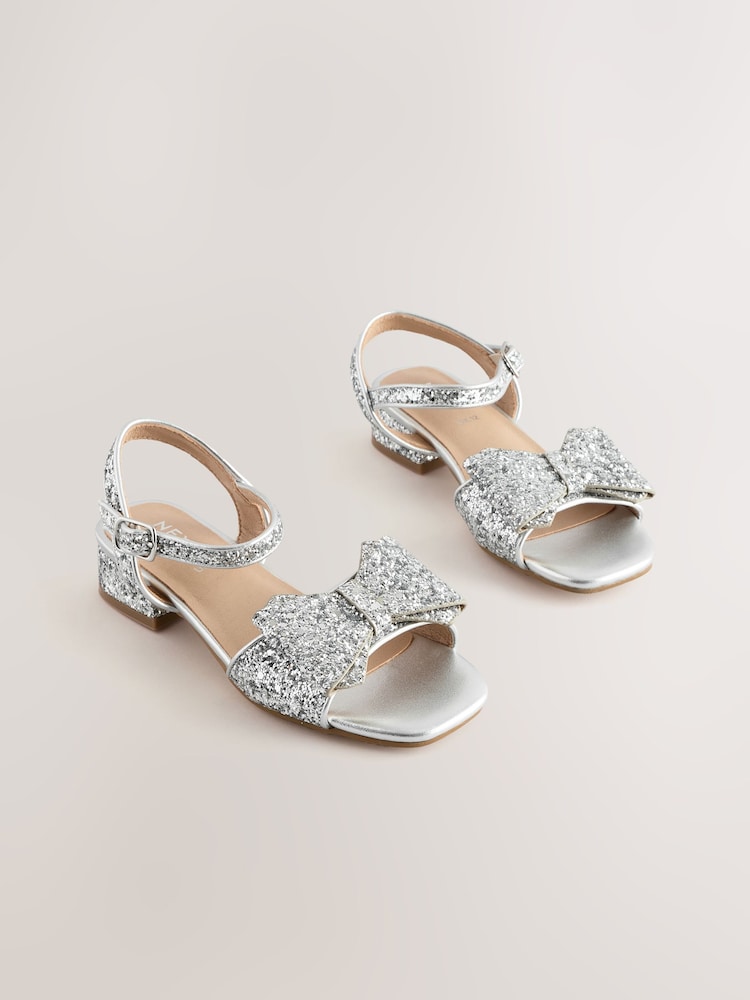 Silver Glitter Bow Heeled Sandals - Image 1 of 6