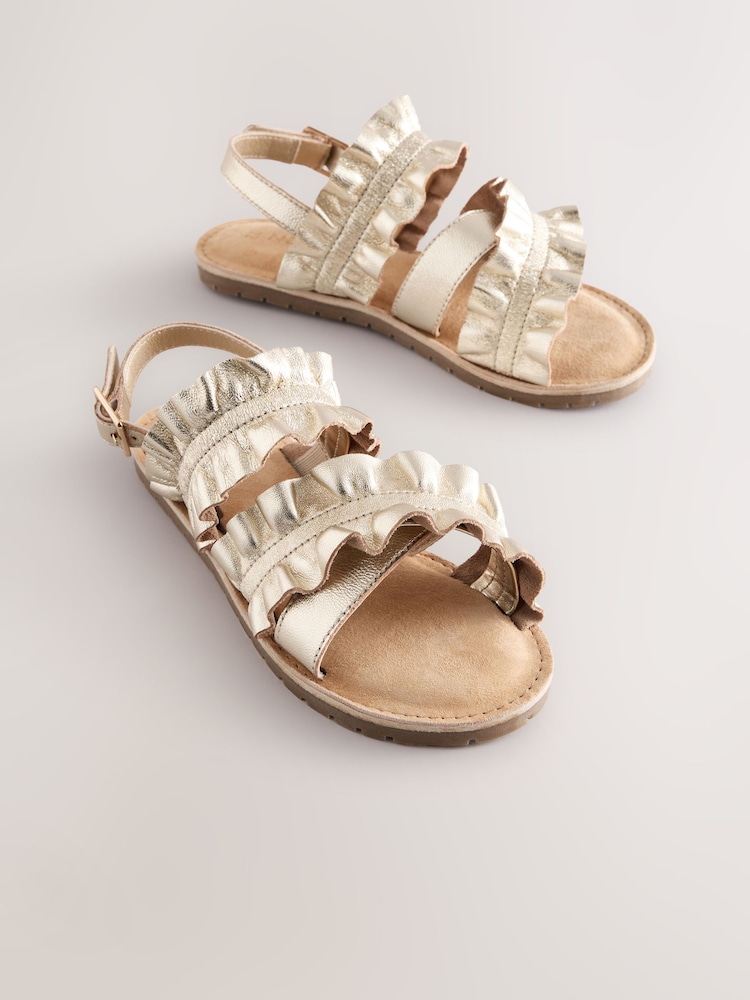 Gold Leather Ruffle Sandals - Image 1 of 6
