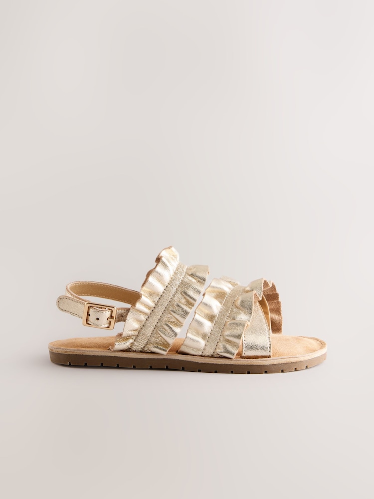 Gold Leather Ruffle Sandals - Image 2 of 6