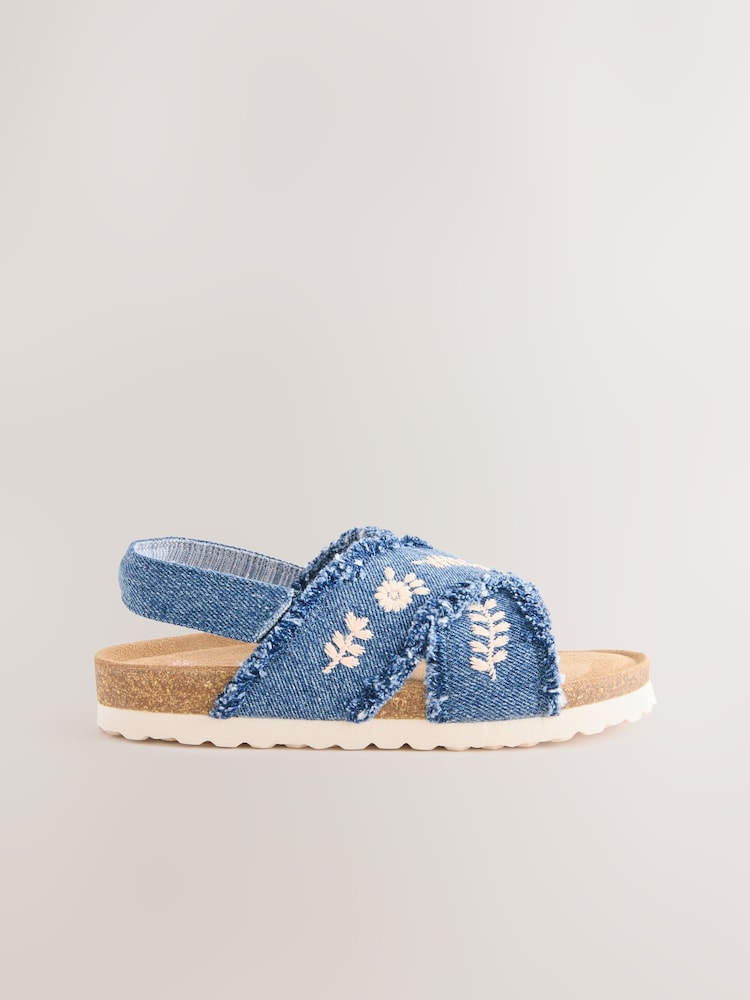 Denim Embroidered Slip on Corkbed Sandals - Image 2 of 5