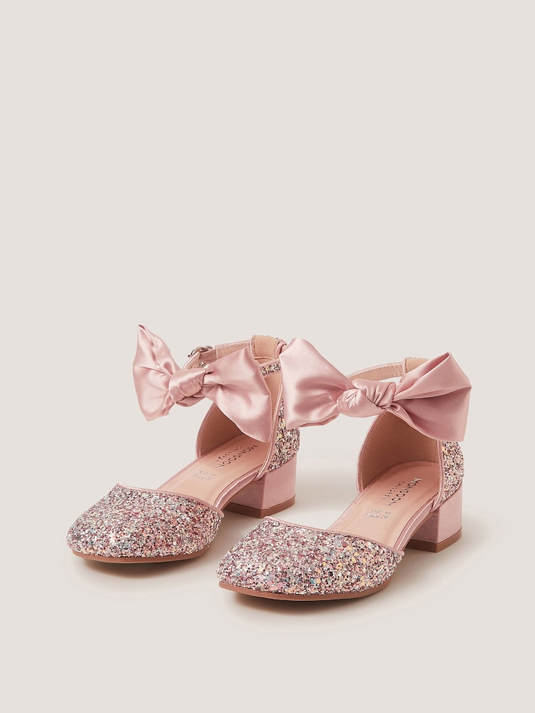 Monsoon Pink Sara Bow Glitter Two-Part Heels - Image 1 of 3 Monsoon Pink Sara Bow Glitter Two-Part Heels - Image 1 of 3