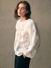 White Volume Sleeve Floral Grid Mesh Blouse - Image 1 of 7