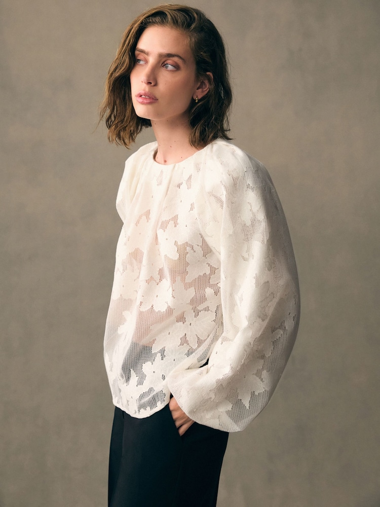 White Volume Sleeve Floral Grid Mesh Blouse - Image 1 of 7