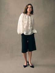 White Volume Sleeve Floral Grid Mesh Blouse - Image 2 of 7